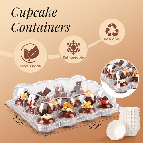 LOKQING 12 Count Mini Cupcake Containers 20 Sets with 240 Pack Cupcakes Liners, Plastic Cupcake Holder, Stackable Mini Cupcake Boxes Carrier, Clear Disposable Cupcake Trays, High Dome