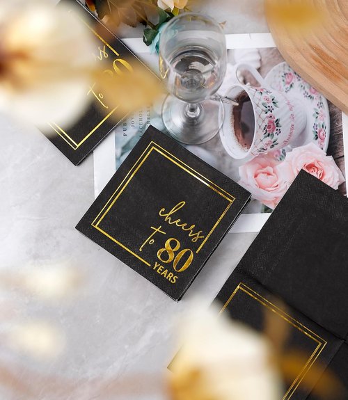 Cheers to Years Cocktail Napkins | 50-Pack 3-Ply Disposable Birthday & Anniversary Napkins - Black & Gold 5x5 Inches