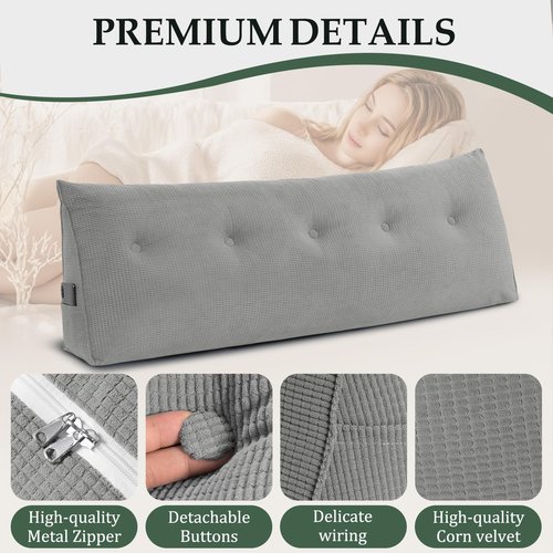 Huatean Home Soft Headboard Pillow Queen Size, Wall Backrest Wedge Pillow Headboard Queen, Reading Backboard Pillows, Large Dorm Daybed Bolster Pillows for Back Support with Removable Cover, Gray
