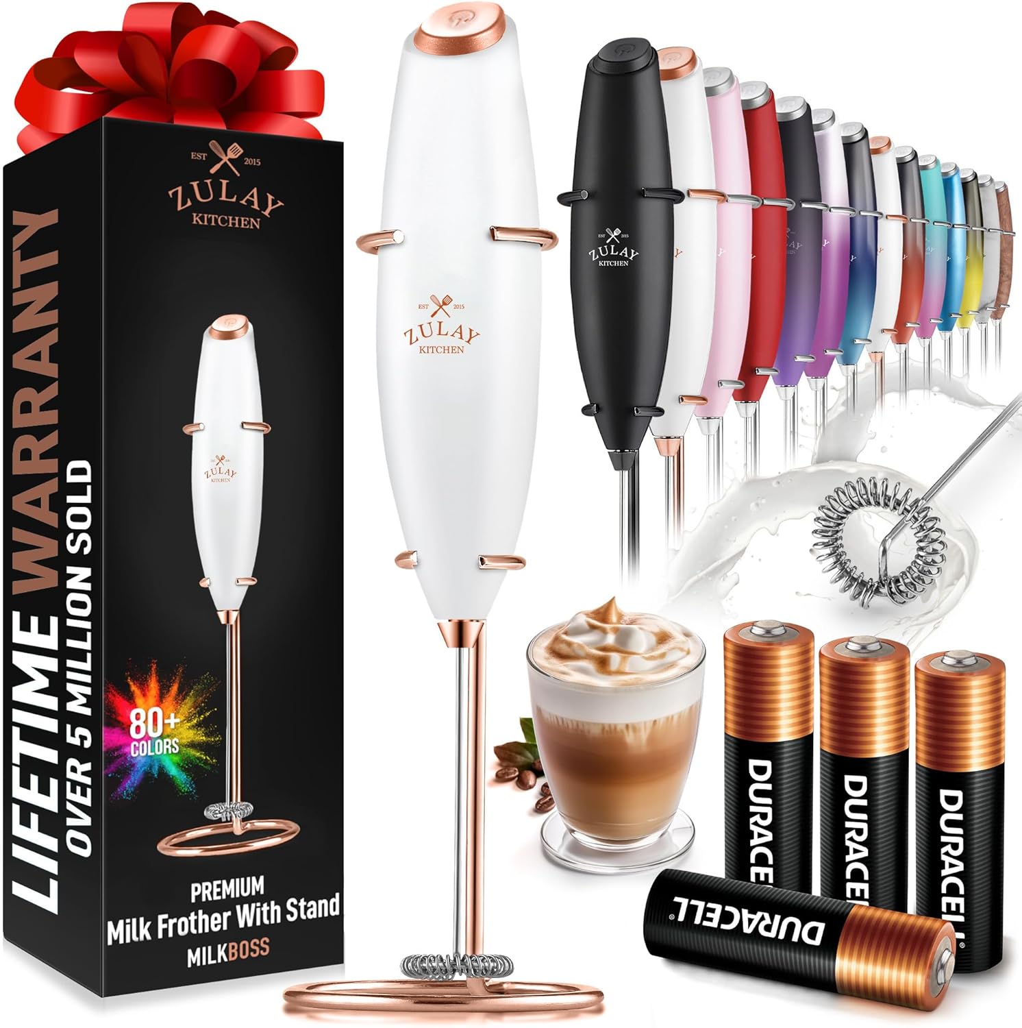 Zulay Kitchen Milk Frother Wand - Ultra Fast Handheld Electric Whisk for Coffee & Lattes - White & Rose Gold