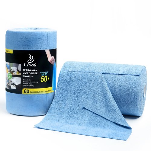 LIVOS Microfiber Cleaning Cloth Roll - 80 Pack, Reusable Paper Towels Blue Tear Away, Microfiber Towels for Cars, Super Absorbent Lint Free Cleaning Rags for House, Kitchen, Window-11.5"x11.5"