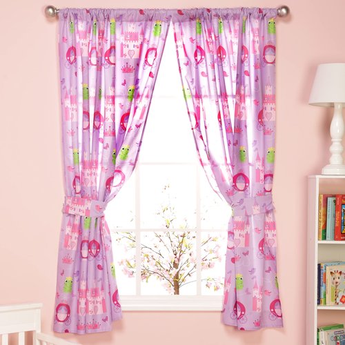 Pink Princess Drapes for Girls Bedroom Castles, Frogs and Chariots; 4-Pc Princess-Themed Kid Curtains with 2 Panels 82" x 63" Total Size and 2 Tiebacks; Fairyland Classroom and Nursery Curtains