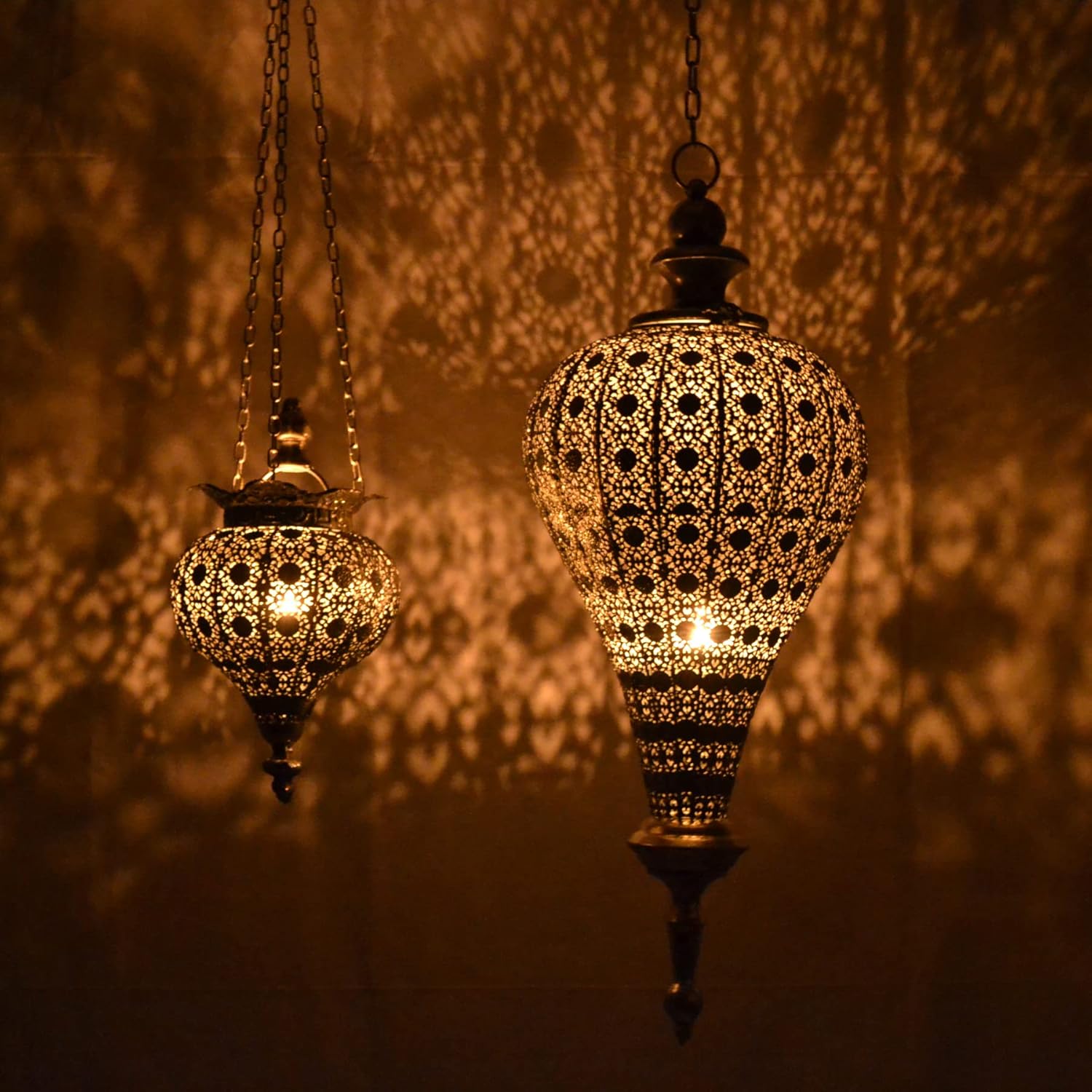 Westcharm Antique Silver Moroccan Lantern - Elegant Metal Hanging Pendant Light for Indoor/Outdoor Use - Small