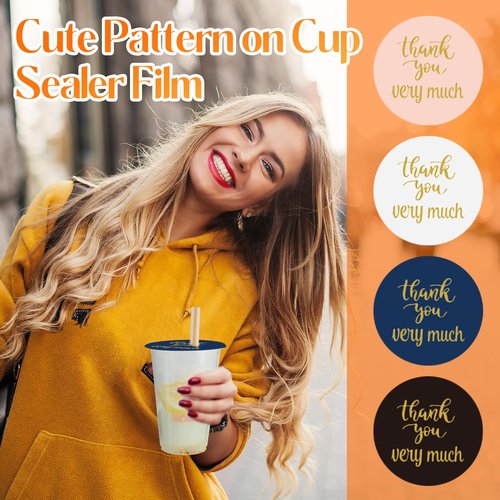 Henoyso 2 Roll Cup Sealer Film for Sealing Machine 90-105 mm 6400 Cups Bubble Tea Sealer Film for 16 oz Plastic Cups for Bubble Tea, Water, Coffee, Juice, Soda (Thank You Style)