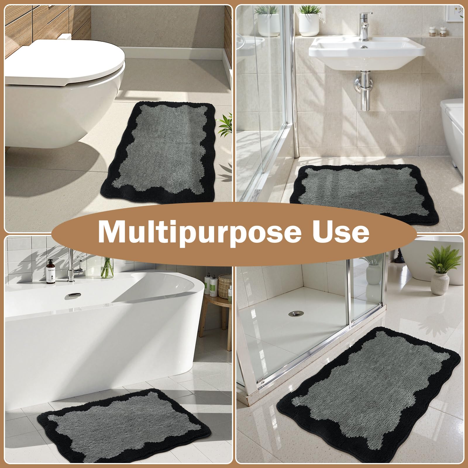 Uphome Bathroom Runner Rug, 24x60 Large Gray Black Absorbent Bath Mat Non Slip Washable, Soft Scalloped Irregular Plush Microfiber Bath Runner for Floor, Bathtub, Sink