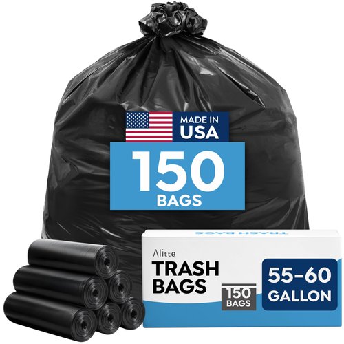 Large Trash Bags 55-60 Gallon | 150 Count, Heavy Duty Black Garbage Bags | Unscented, Leak Proof, Bulk Pack for Office, Industrial & Commercial Use - Made in USA