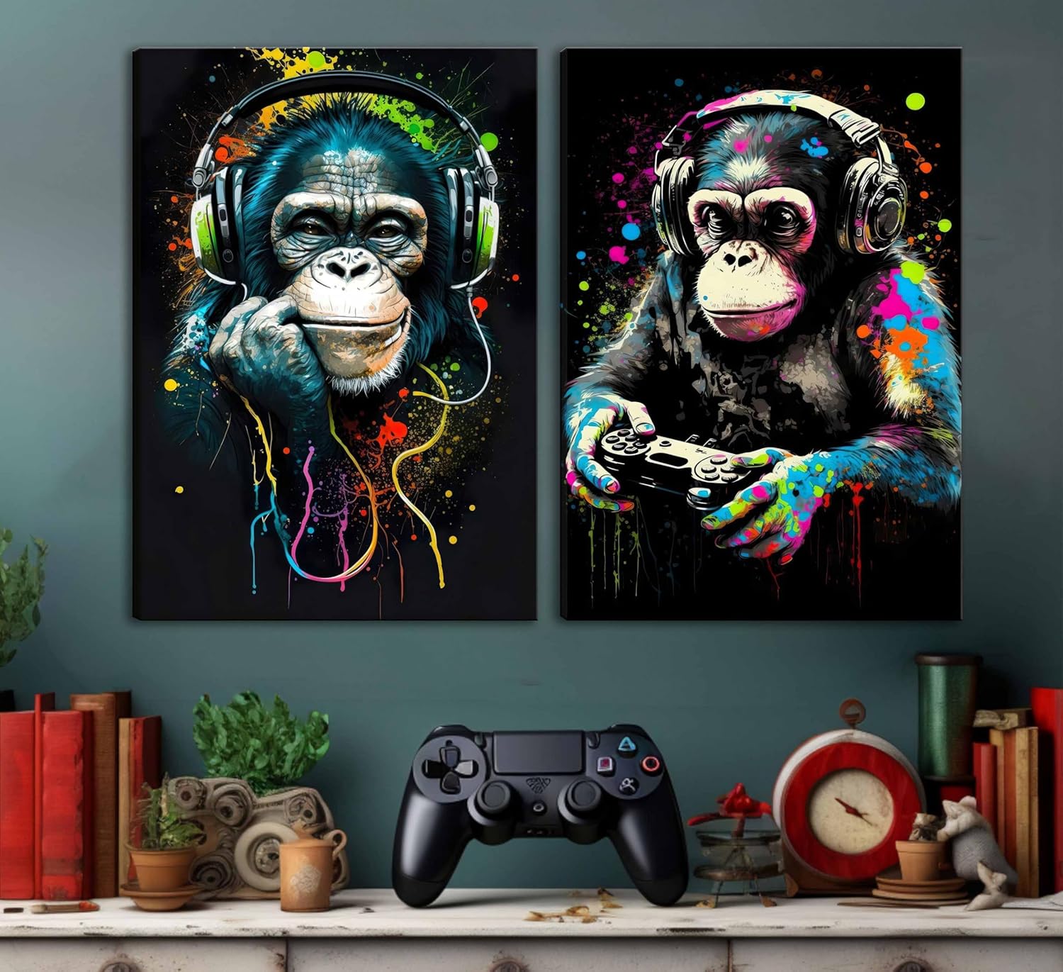 **Graffiti Gaming Canvas Wall Art - Vintage Watercolor Chimpanzee Poster for Boys' Game Room Decor**