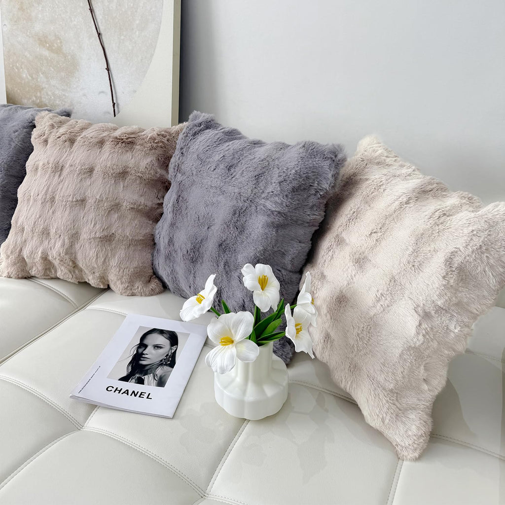 SOMAHE Set of 2 Throw Pillow Covers 18x18 Decorative Pillow Covers for Couch Faux Fur Soft Cozy Pillowcase Sofa Fluffy Plush Pillow Cases Cream White