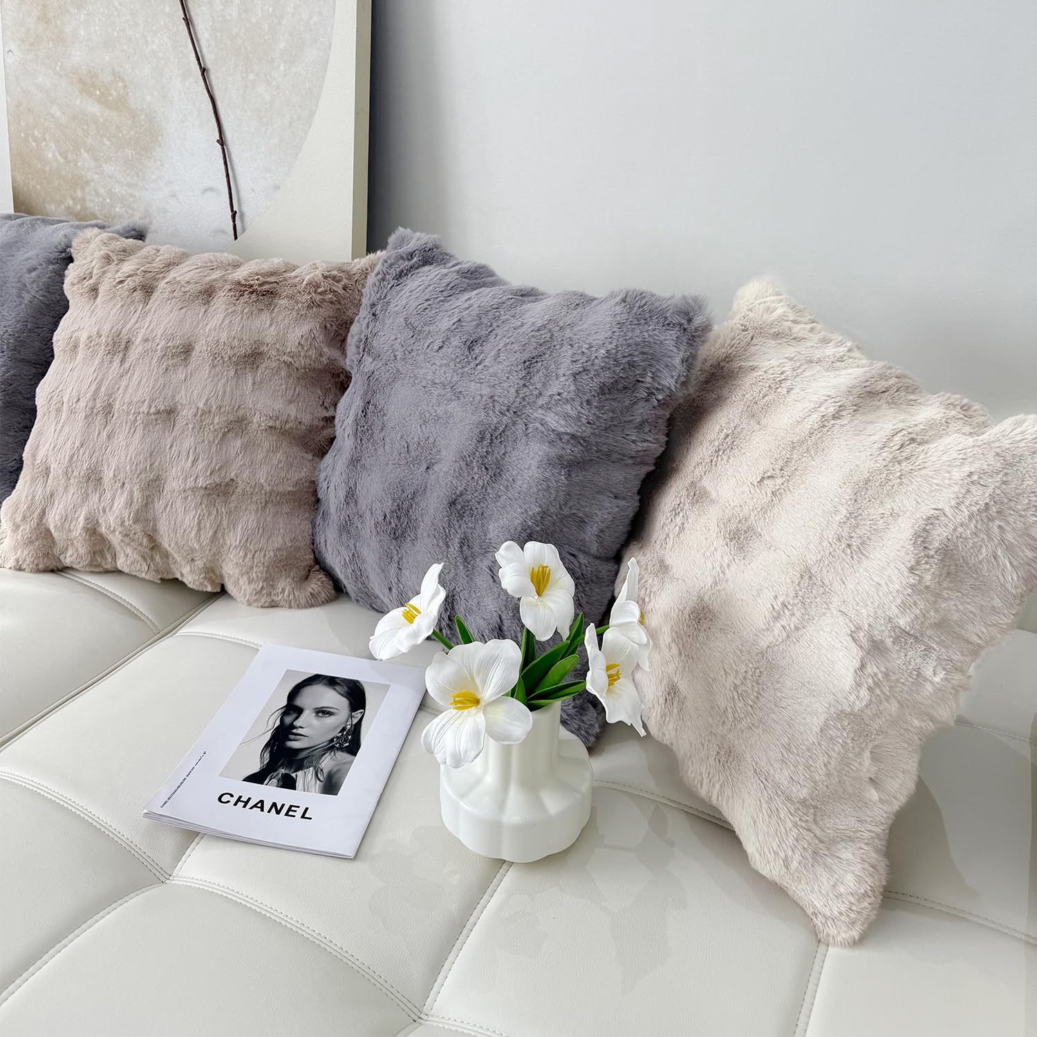 SOMAHE Set of 2 Throw Pillow Covers 18x18 Decorative Pillow Covers for Couch Faux Fur Soft Cozy Pillowcase Sofa Fluffy Plush Pillow Cases Cream White