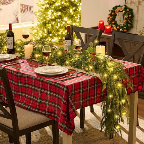 9FT Christmas Garland with Lights, Battery Operated Garland with Red Berries and Eucalyptus Leaves, Real Touch Artificial Prelit Garland for Mantle, Fireplace, Table, Stairs & Christmas Decorations