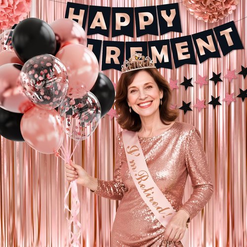 Retirement Party Decorations, 44Pcs Rose Gold Retirement Decorations for Women Include Happy Retirements Banner Retired Sash Crown Fringe Curtain & Foil Balloons for Women Retirements Decorations