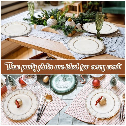 Dandat 18 Pcs Antique Charger Plates 13'' Retro Dinner Round Bead Rim Heavyweight Embossed Plastic Disposable Plate for Wedding Bridal Anniversary Easter First Communion Birthday(White)