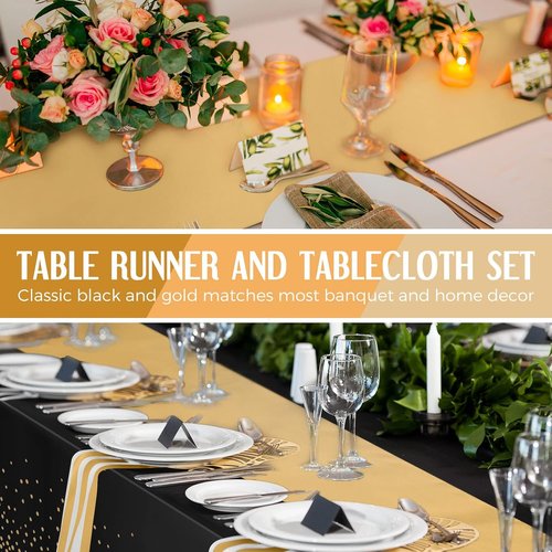 Breling Black and Gold Disposable Tablecloths Set - 24 Packs with Satin Runners | 54 x 108 Inch Tablecloths, 12 x 108 Inch Runners for Weddings, Graduations, and Parties