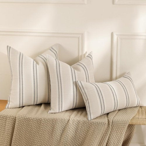 Hckot Throw Pillow Covers - Set of 2 Decorative Striped Linen Cushions | 20x20 Inches, Grey