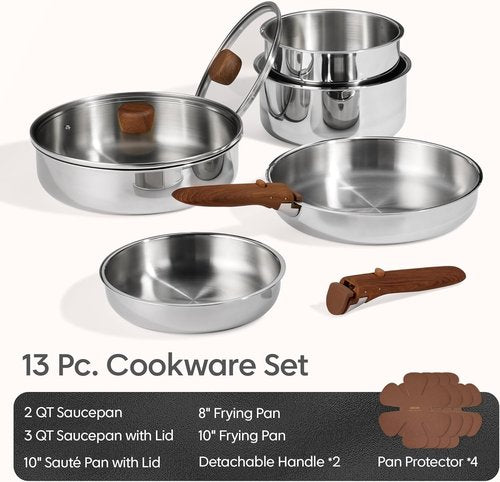 CAROTE 13 PCS Tri-Ply Stainless Steel Cookware Set - Induction Ready, Detachable Handle, Oven Safe