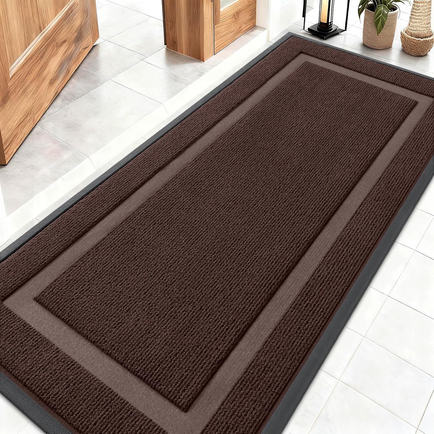 OLANLY Indoor Outdoor Front Door Mat - Waterproof All-Season Doormat, Sturdy Rubber, 59x23, Dark Brown