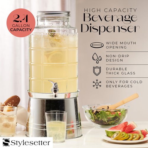 Style Setter Patchwork Beverage Dispenser Cold Drink Dispenser w/ 2.4-Gallon Capacity Glass Jug, Ice Insert, Fruit Infuser, Galvanized Base, Leak Proof Spigot Great for Parties Weddings