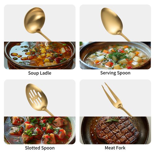 304 Stainlss Steel Matte Kitchen Utensils Set, 11 Pcs Long Metal Cooking Utensil Gadgets Tools Set with Spatula, Spoon, Ladle, Skimmer, Tunner, Pasta Server, Tongs(Gold, Dishwasher Safe)