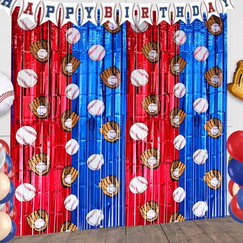 FESTFINDS 2 Pack Baseball Tinsel Foil Fringe Curtains Backdrop Party Decorations, Blue and White Red Door Streamers Banner Sports Themed Birthday Party Decor Supplies for Boys Favor
