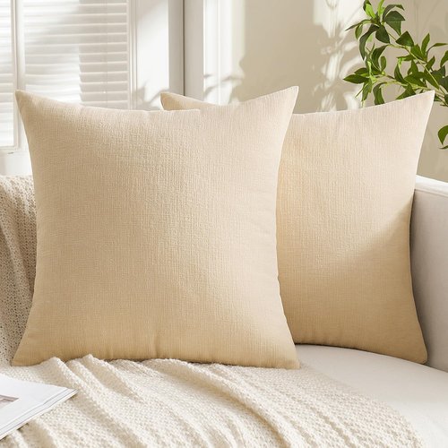MIULEE Beige Couch Pillow Covers - Set of 2 Soft Chenille Decorative 18x18 Inch Square Pillows for Farmhouse Living Room