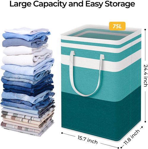 HomeHacks Large Waterproof Laundry Basket - Collapsible Freestanding Hamper with Extended Handles | 75L Green