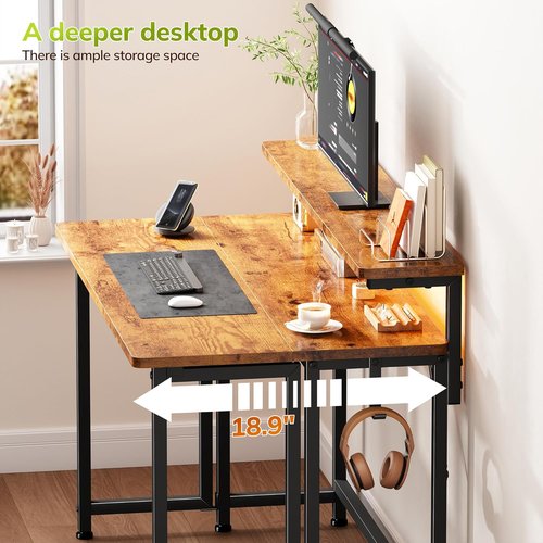 DurayLoly Folding Desk - Compact 31.5 Inch Computer Desk with Monitor Stand & LED Lights | Rustic Brown