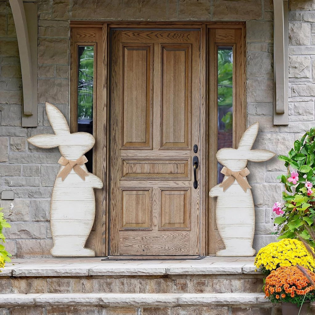 Yerliker Outdoor Easter Decorations - Rustic Wooden Bunny Signs for Porch | Large 31.6" & 27.56" Sizes
