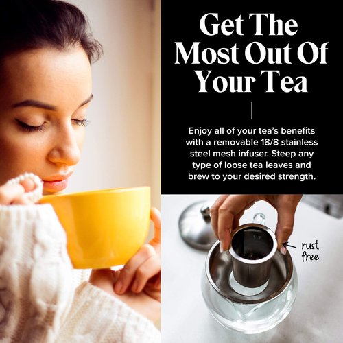 Teapot with Infuser for Loose Tea - 40oz, 3-4 Cup, Clear Glass Kettle Pot with Strainer & Warmer - For Whole Leaf, Iced Maker & Brewer