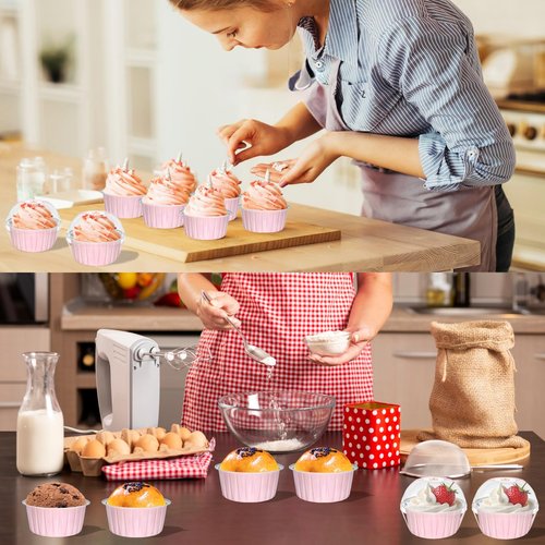 100 Pack 5oz Cupcake Pans with Dome Lids, Disposable Ramekin Cupcake Liners,Reusable Mini Muffin Case Dessert Containers for Birthday Wedding Party - Pink
