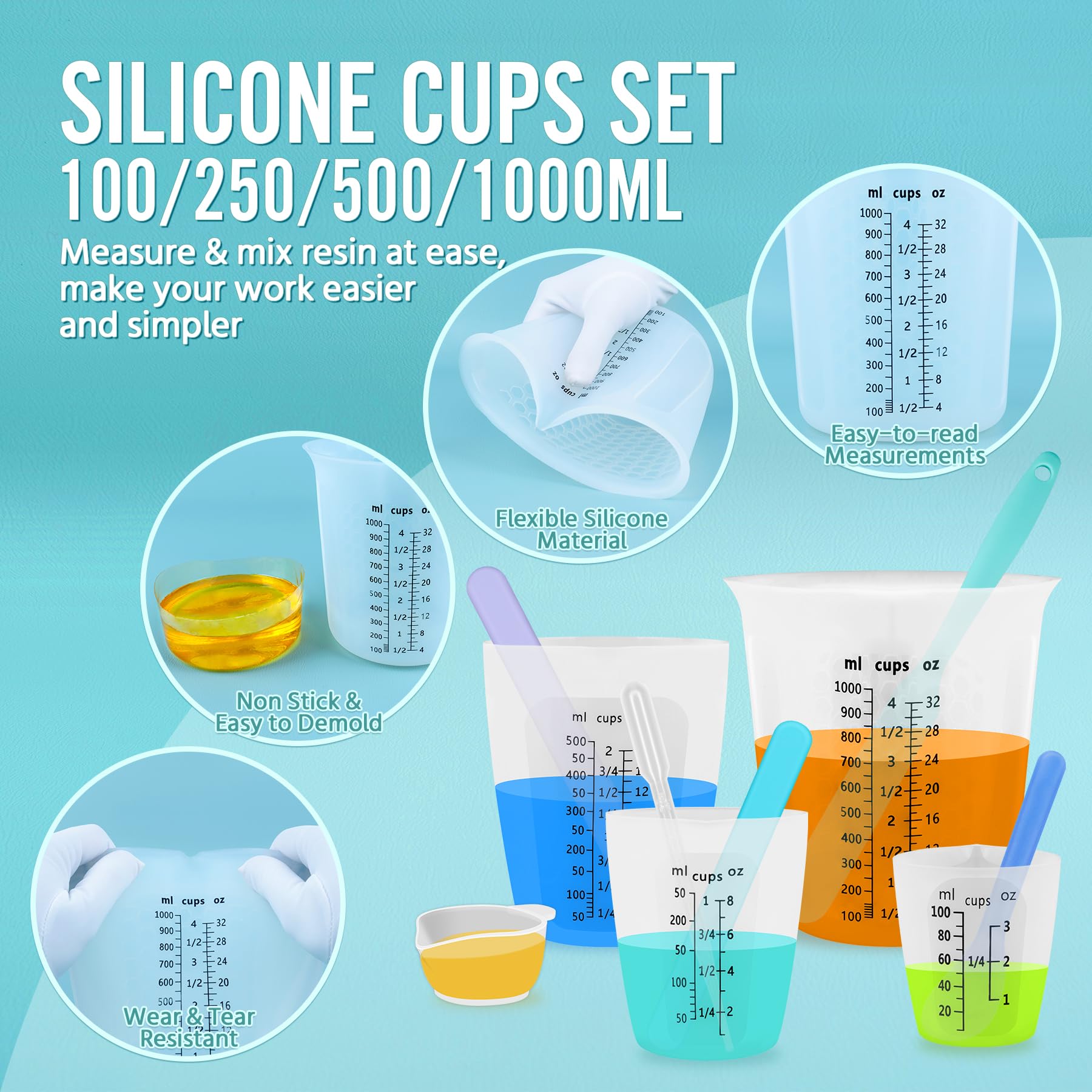 SWIGRANCE Silicone Resin Mixing 1L Measuring Cup Set for Resin Supplies, Easy-to-Read Marks, 1000ml/32oz Large Cup, 500&250&100ml Thickened Reusable Silicone Cups for Epoxy Mixing, Jewelry Making