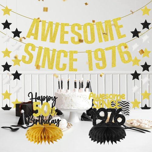 Zirtorei 50th Birthday Decorations Awesome Since 1976 Banner for Men Women, 4Pcs Black Gold 50 Birthday Hanging Sign Party Supplies, Fifty Year Old Bday Table Honeycomb Centerpieces
