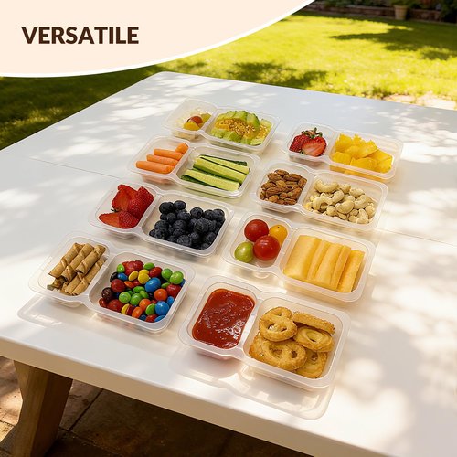 HI-REEKE 9 OZ Double Compartment Snack Containers, 20 Sets Bigger Reusable Clear Snack Packs Container with Lids