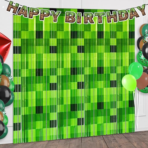 PIONUX 2 Pack Green Foil Fringe Curtains Pixel Birthday Backdrop, 3.2x6.6ft Video Game Door Streamers for Boys Gaming Birthday Party Decorations Supplies Favors