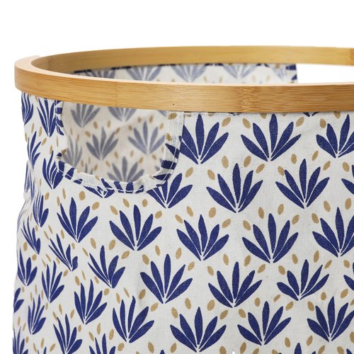 Household Essentials Bamboo Rimmed Round Krush Hamper with Cutout Handles, Blue Cacti