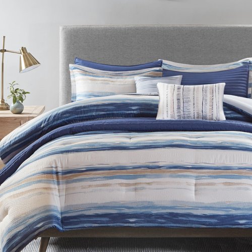Madison Park Marina Comforter Quilt Combo Set - Modern Luxury Design, All Season Down Alternative Bedding, Matching Shams, Decorative Pillows, Full/Queen(90"x90"), Seersucker Blue 8 Piece