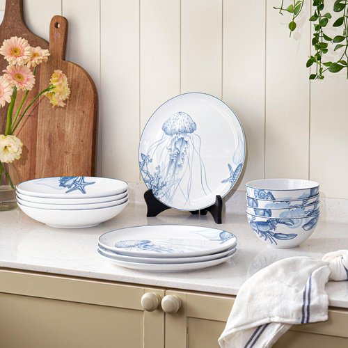 Minh Long 12-PCS Porcelain Coastal Dinnerware Set, Plates, Bowls, Service for 4, Chip & Scratch Resistant, Oven Safe up to 482°F, Non toxic, Lead & Cadmium Free, Stackable, Dishwasher & Microwave Safe
