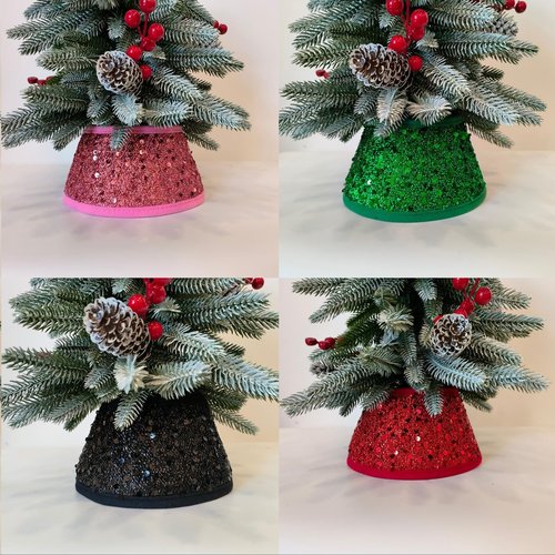 TWSANTAMAS 7.5 Inch Glittering Christmas Tree Collar, Sequin Rustic Mini Tree Skirt Base Cover for Small Tabletop Trees, Holiday Home Decor Gift, Green
