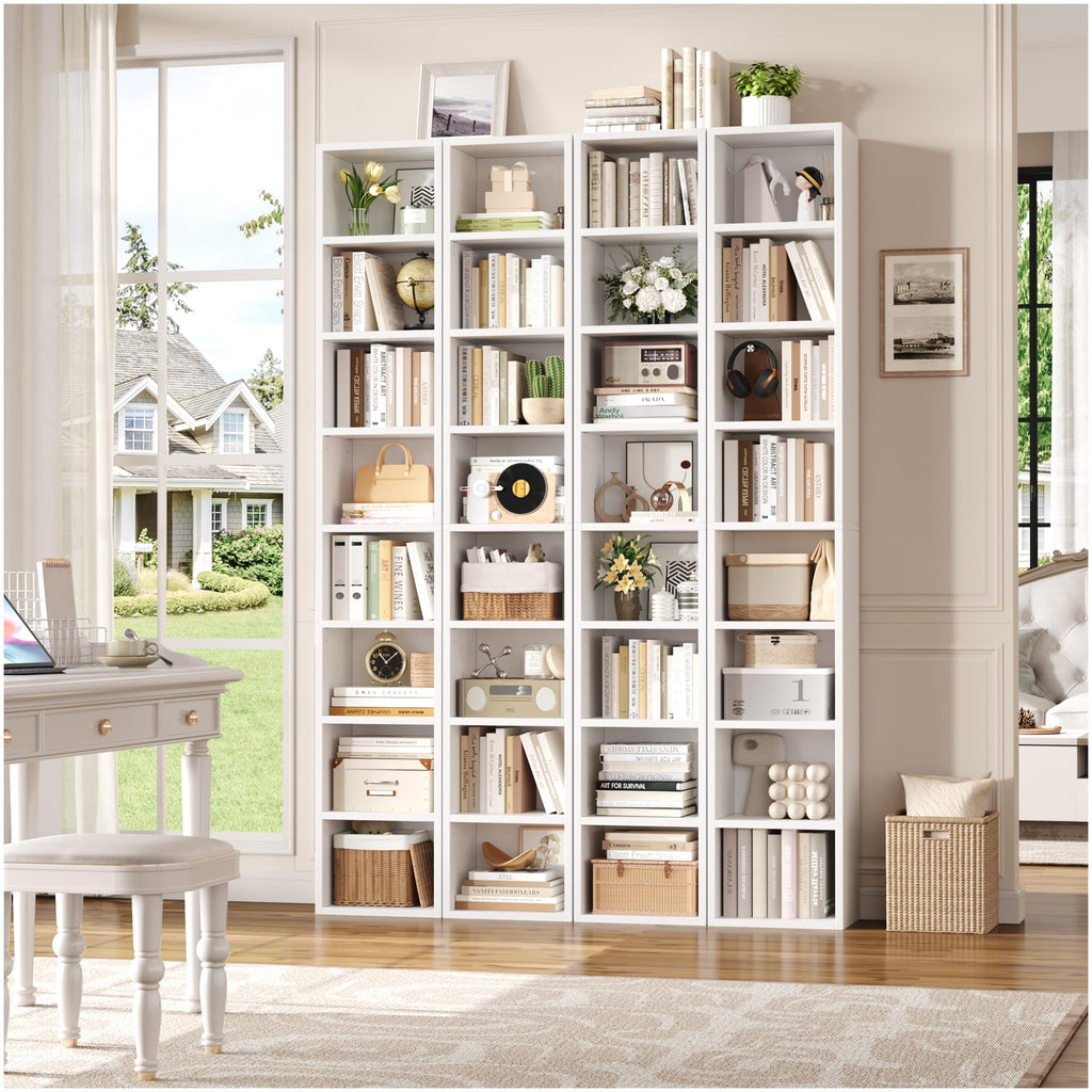 FOTOSOK White Bookshelf 8-Tier Narrow Bookshelf, 11.6 X 9.3 X 70.9 Tall CD DVD Media Tower Rack with 4 Adjustable Shelves, Tall Narrow Bookcase Slim Display Bookshelf with Cube Storage for Home Office