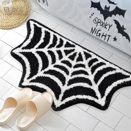 Moutina Spider Web Bath Mat 16x30 Inch Black, Soft and Absorbent Tufted Gothic Halloween Bathroom Rug Non Slip Washable, Gothic Bathroom Decor Rug Holiday Decorations