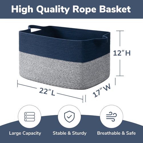 Goodpick Large Woven Blanket Basket - Decorative Cotton Rope Storage for Living Room | 22" x 17" x 12" | Mixed Blue