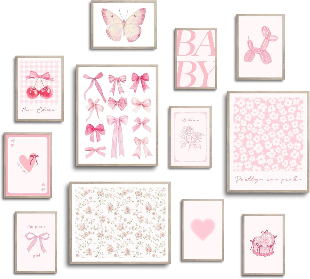 TwoDays Pink Coquette Wall Art | Aesthetic Light Pink Bows Posters for Girls' Dorm | Set of 12 Unframed (8" x 10" Largest)