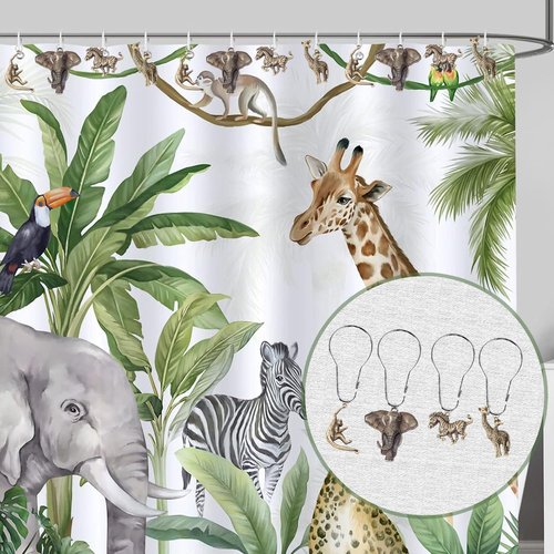 YRMLYMOP Jungle Shower Curtain Hooks,12 Pcs Animal Shower Curtain Hooks, Rainforest Elephant Zebra Monkey Giraffe Tropical Safari Bathroom Curtain House Bathroom Decor Accessorie, Stainless Steel Ring