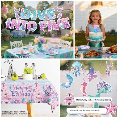 191pcs Dive into 5 Birthday Decorations Girl-Serves 25, All-in-One Mermaid 5th Birthday Decorations with 350gsm Plates, Tablecloth, Centerpiece,Balloon, Banner, Mermaid Candle 5, Etc