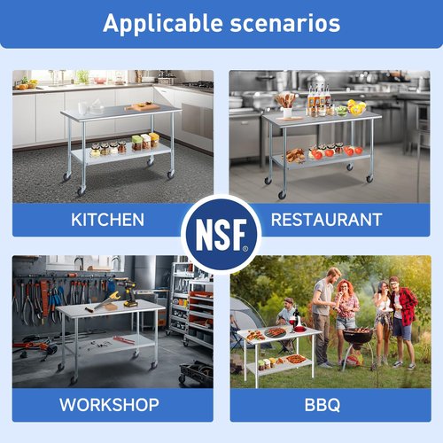 ROCKPOINT Stainless Steel Table for Prep & Work with Caster Wheels 24x30 Inches, NSF Metal Commercial Kitchen Heavy Duty Table with Adjustable Under Shelf and Table Foot for Restaurant, Home and Hotel