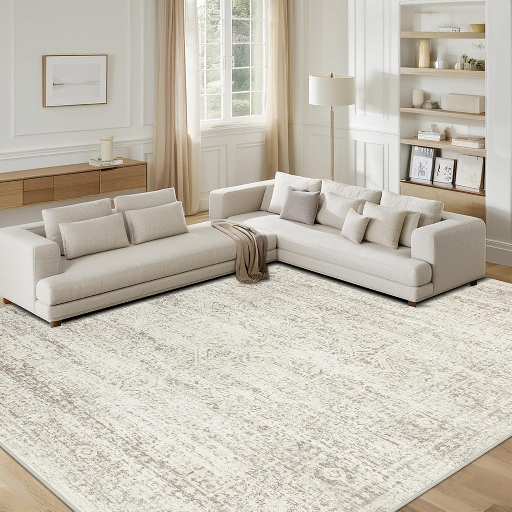 Srugn Washable Area Rugs - Ultra Soft Faux Wool 10x14 for Living Room & Bedroom | Non-Slip Vintage Design