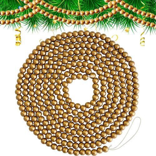 13Ft Christmas Wood Bead Garland,Gold Wooden Xmas Tree Ornament Round Craft Farmhouse Beads Garlands for Hanging Decorations,Holiday Favors
