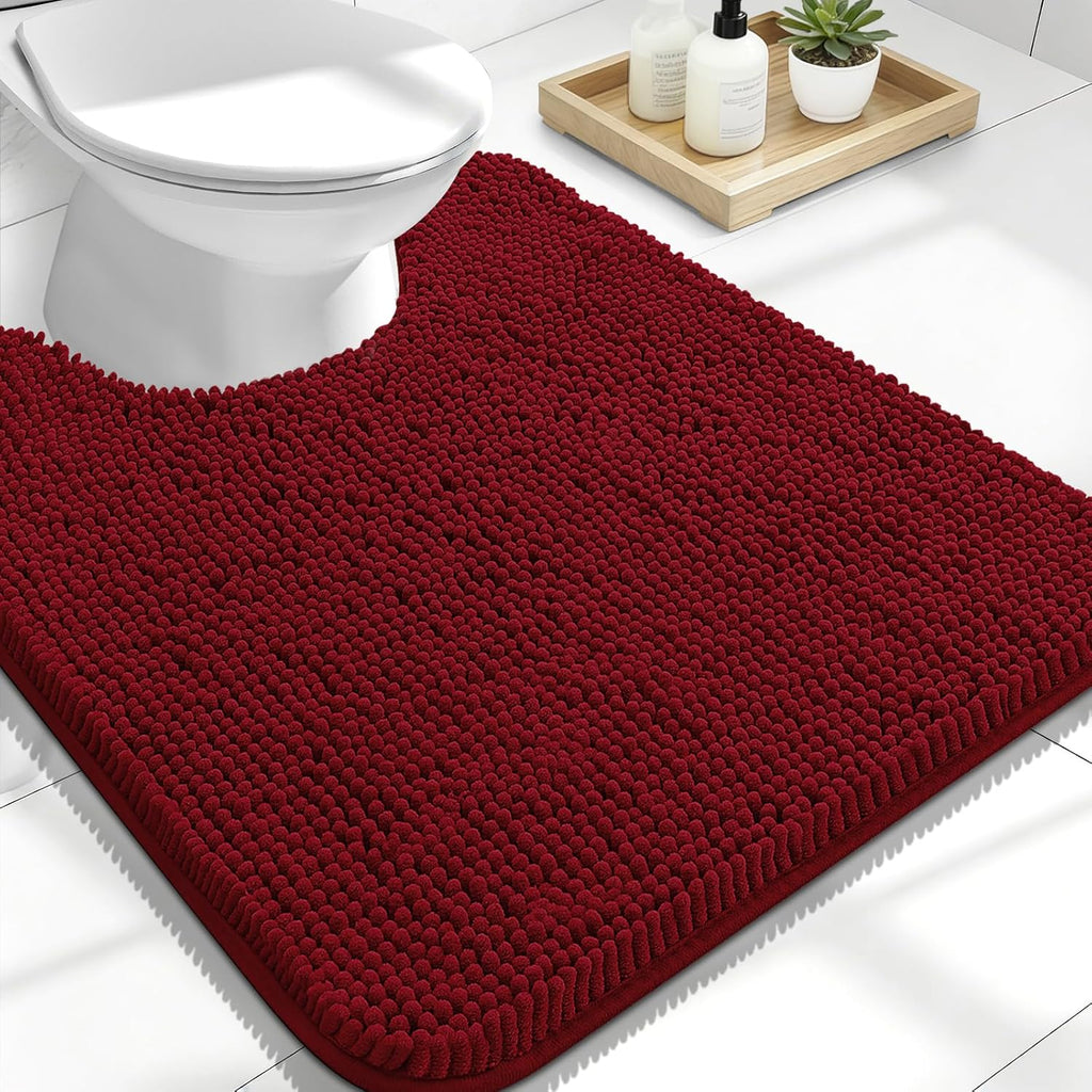 OLANLY U-Shaped Toilet Rugs - Extra Soft Chenille Bathroom Mat, 24x20, Quick-Dry & Non-Slip, Red