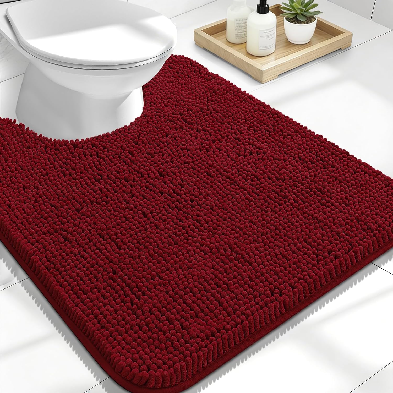 OLANLY U-Shaped Toilet Rugs - Extra Soft Chenille Bathroom Mat, 24x20, Quick-Dry & Non-Slip, Red