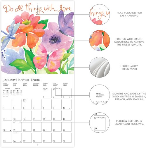 Graphique 2026 Mini Wall Calendar - Live Love Laugh | 7” x 7” | Thick Paper | Home & Office Organizer | 3 Languages & Holidays