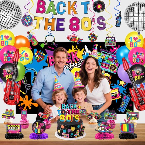 80s Party Decorations Includes Backdrop, Banner, Hanging Swirls, Foil & Latex Balloons, Cake & Cupcake Toppers, Honeycomb Centerpieces for 80s 90s Party Decorations